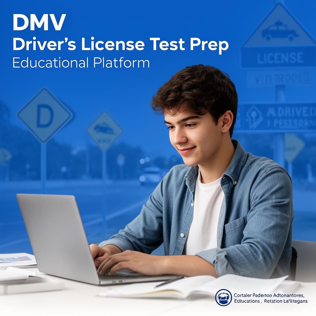 Driver test preparation concept with road signs, DMV handbook and beginner checklist for permit test study